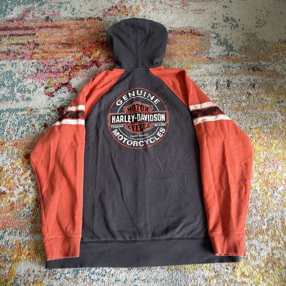 Harley Davidson Full Zip Hoodie Sweater Mens XL Orange Grey Graphic